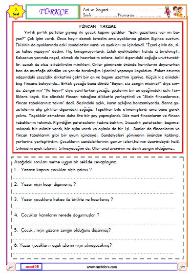 3. Sınıf Türkçe Okuma ve Anlama Metni Etkinliği (Fincan Takımı)